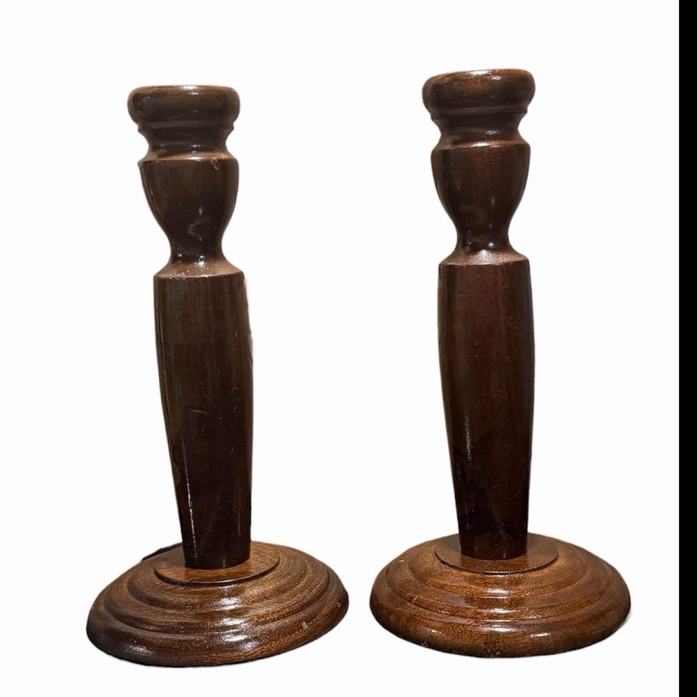 VTG Wood Candlestick Holder Set Dark Stained Wood Candle Sticks Rustic Farmhouse